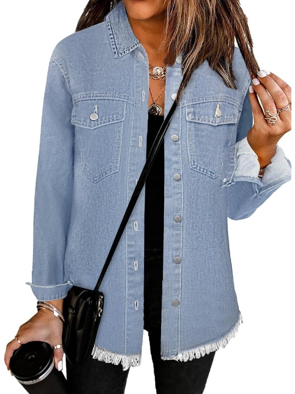 Women’s Faded Blue Long Sleeve Style Button Front Oversized Casual Jean Jacket